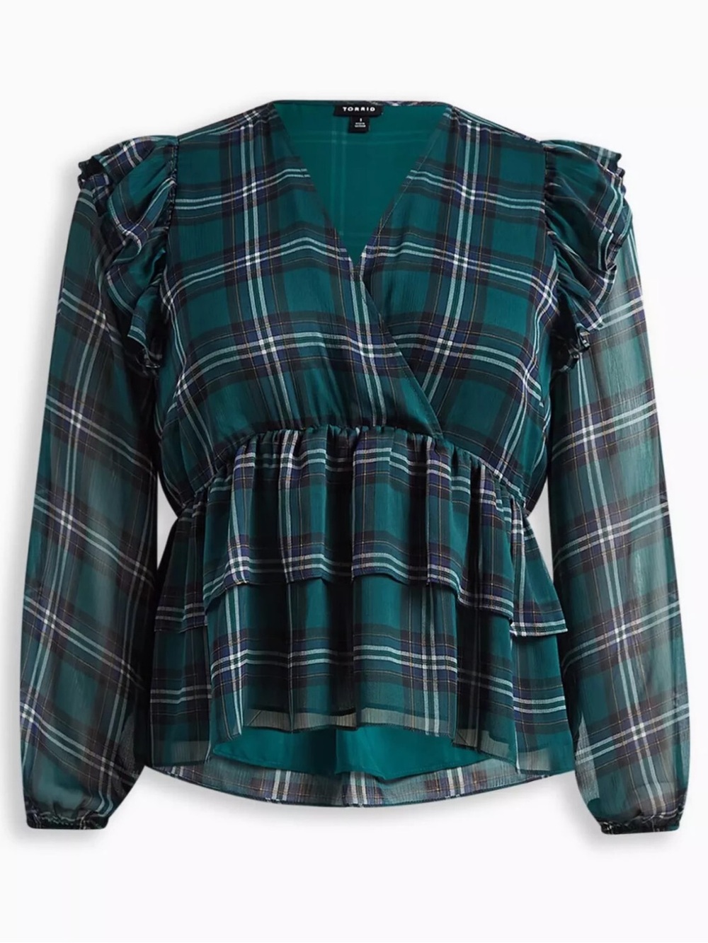 Torrid Chiffon Ruffled Surplice Hi Lo Plaid Crop Top Green Plus Size 4X